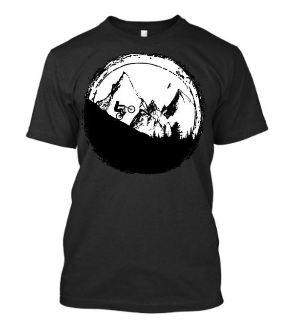 Mountain Bike Adventure Under The Full Moon With Silhouette Of Rider And Mountain Peaks T-Shirt