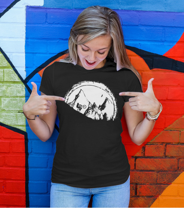 Mountain Bike Adventure Under The Full Moon With Silhouette Of Rider And Mountain Peaks T-Shirt