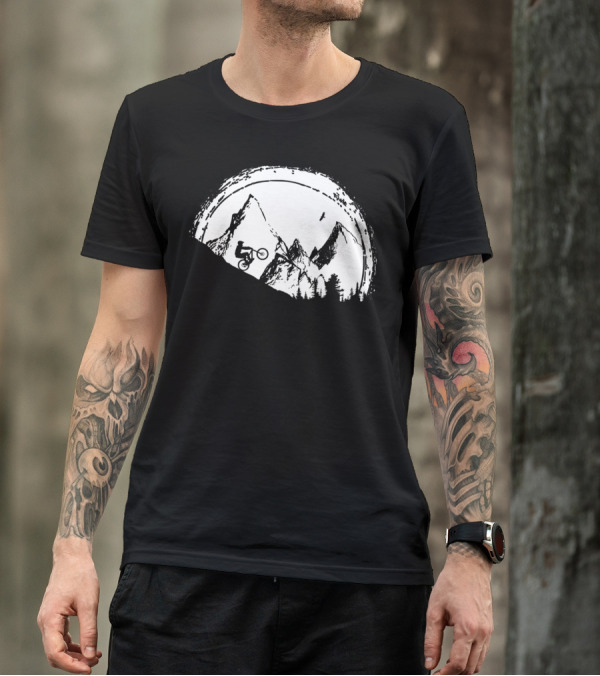 Mountain Bike Adventure Under The Full Moon With Silhouette Of Rider And Mountain Peaks T-Shirt