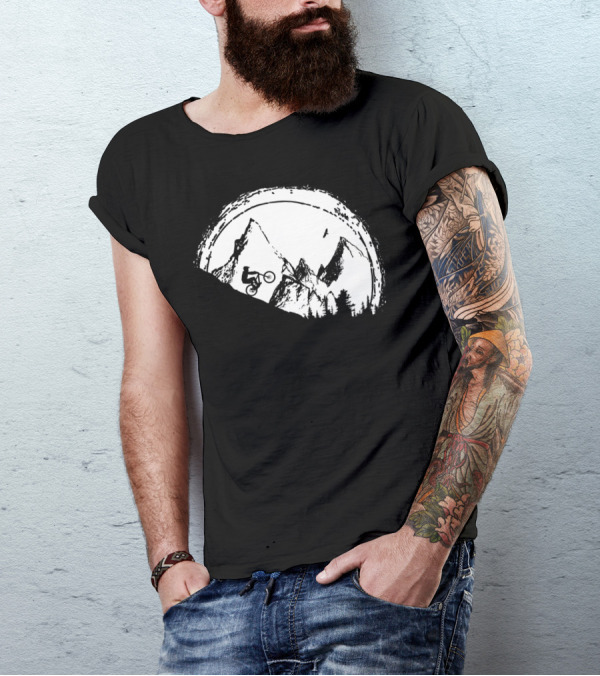 Mountain Bike Adventure Under The Full Moon With Silhouette Of Rider And Mountain Peaks T-Shirt