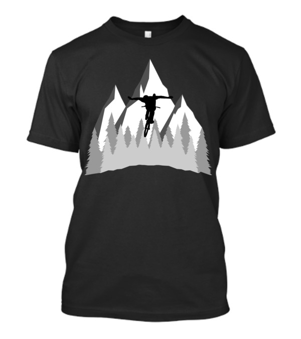 No Hander Mountain Bike Trick Silhouette With Mountain Forest Background T-Shirt