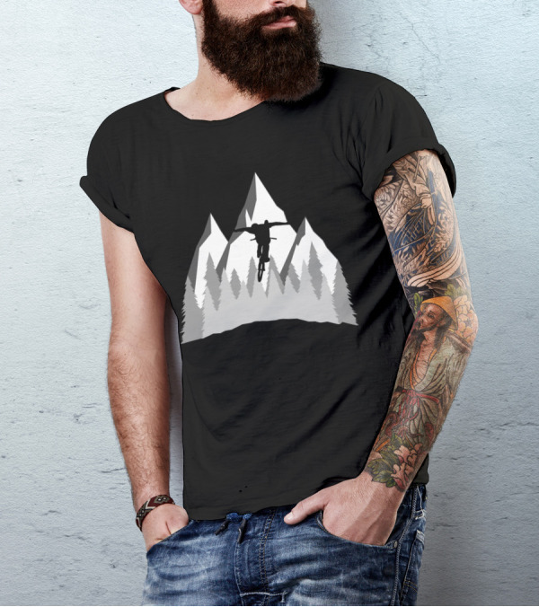 No Hander Mountain Bike Trick Silhouette With Mountain Forest Background T-Shirt