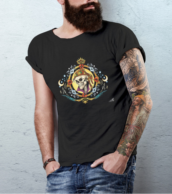 Pirate Skull King With Crown And Floral Bandana T-Shirt