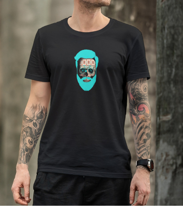 THE AUTUMN BIKER AZTEC PATTERN SKULL WITH TURQUOISE BEARD AND GLASSES T-Shirt