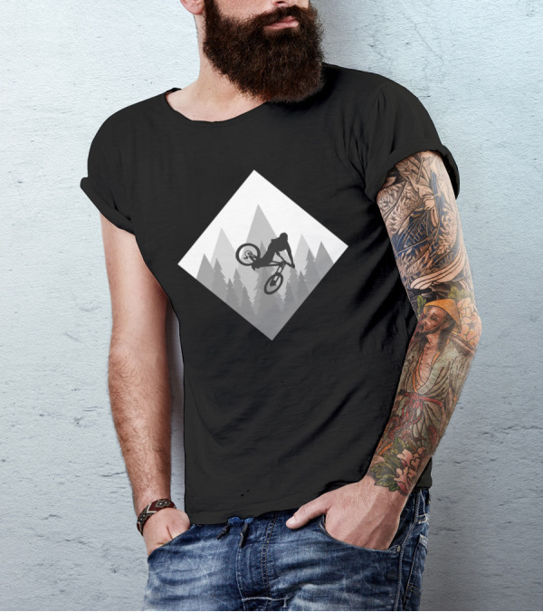 Mountain Bike Whip Silhouette In Forest And Mountains T-Shirt