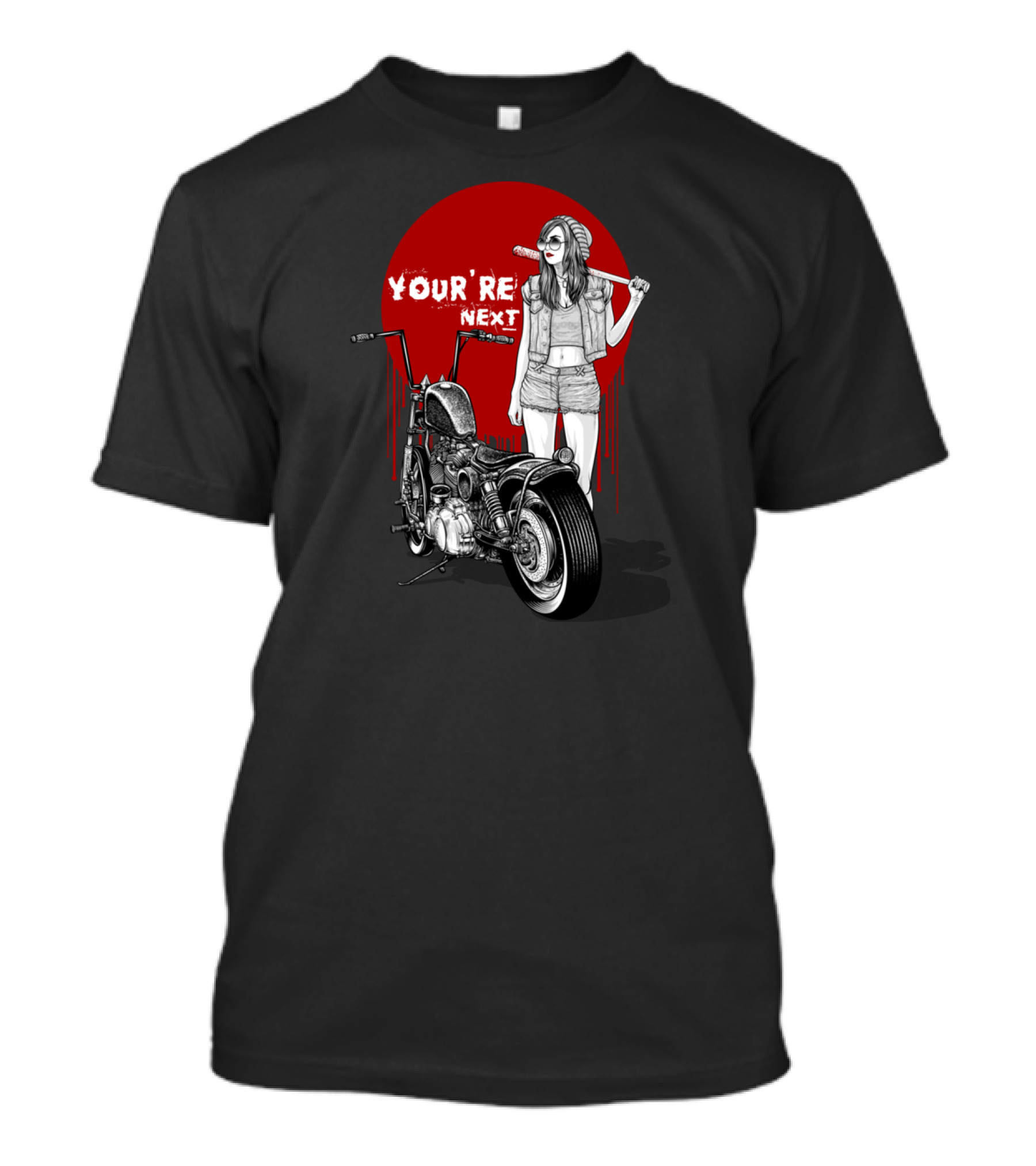 Winya No. 15 You're Next Motorcycle Girl With Bat And Red Sun Background T-Shirt