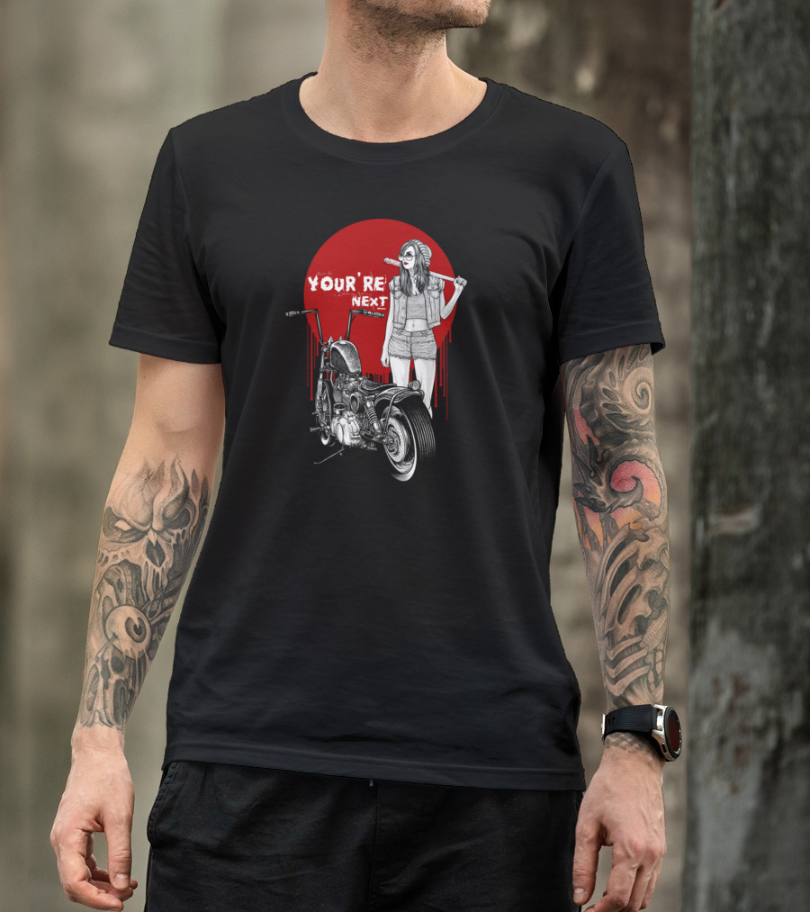 Winya No. 15 You're Next Motorcycle Girl With Bat And Red Sun Background T-Shirt