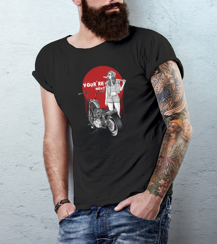 Winya No. 15 You're Next Motorcycle Girl With Bat And Red Sun Background T-Shirt