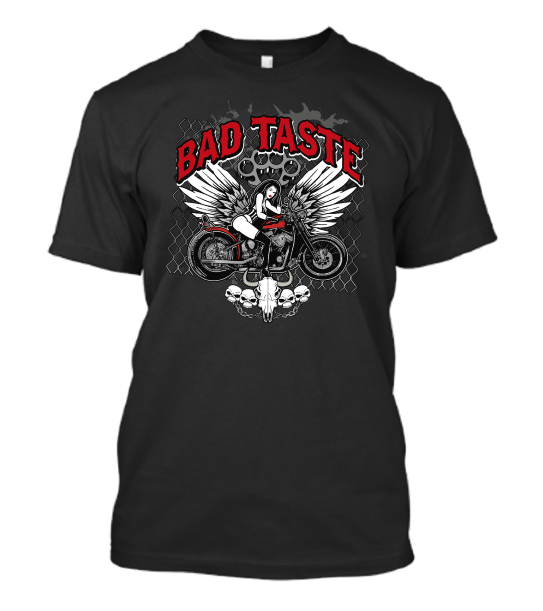 BAD TASTE Biker Chick Wings Motorcycle Skulls T-Shirt