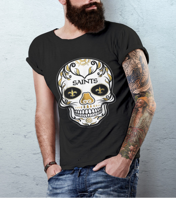 New Orleans Saints Feel Dat Brees Football Skull Design Fleur-de-Lis T-Shirt