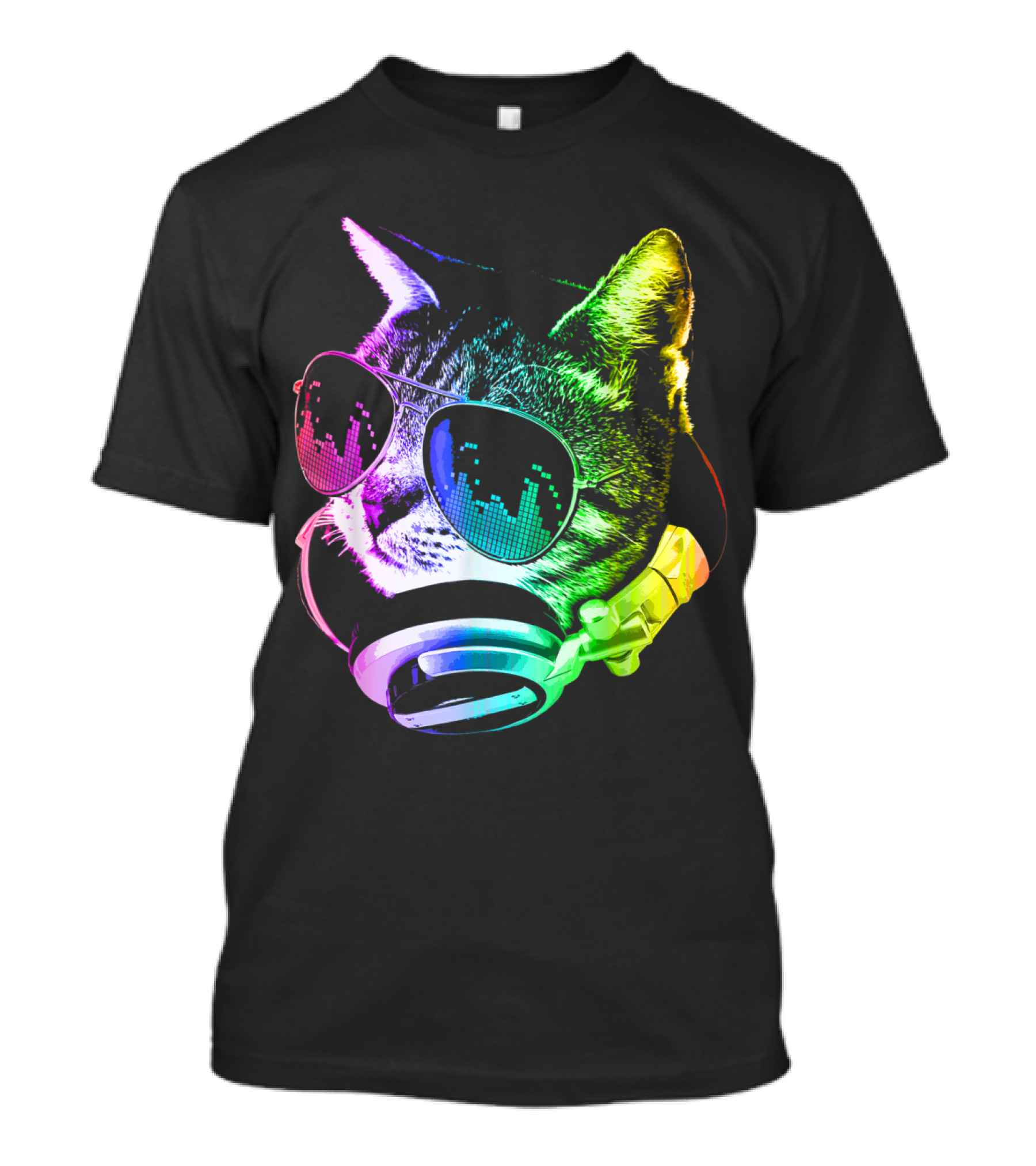 Rainbow DJ Cat With Headphones And Sunglasses T-Shirt