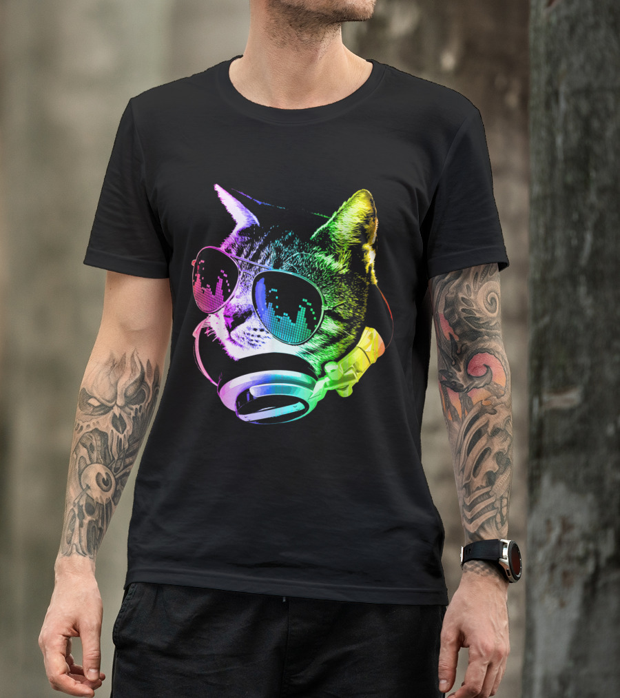 Rainbow DJ Cat With Headphones And Sunglasses T-Shirt