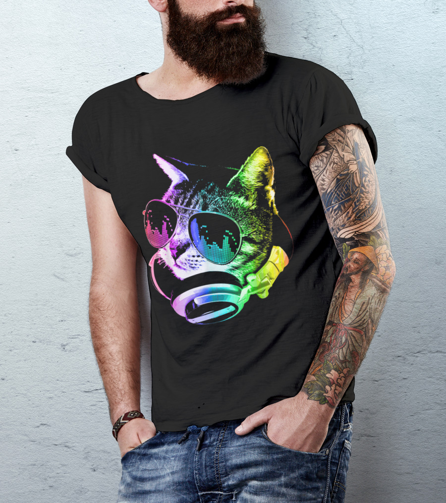 Rainbow DJ Cat With Headphones And Sunglasses T-Shirt