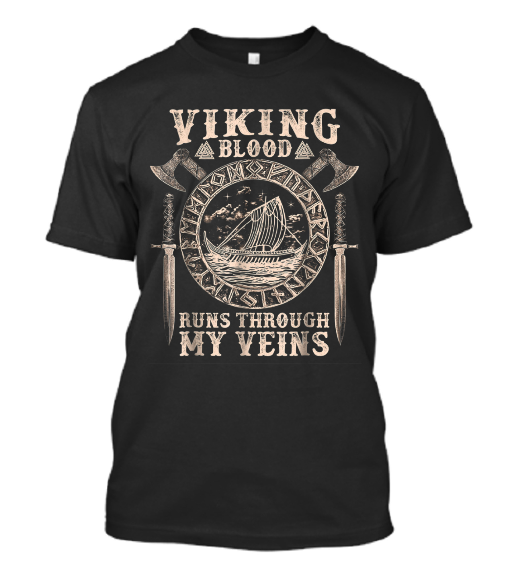 Viking Blood Runs Through My Veins Viking Symbol With Ship And Axes T-Shirt