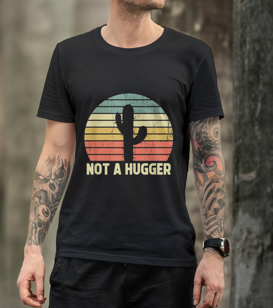 Not A Hugger Funny Cactus Sarcastic Introvert Retro Sunset T-Shirt
