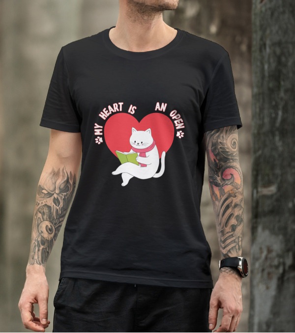 Valentines Day My Heart Is An Open Book Cat Reading T-Shirt