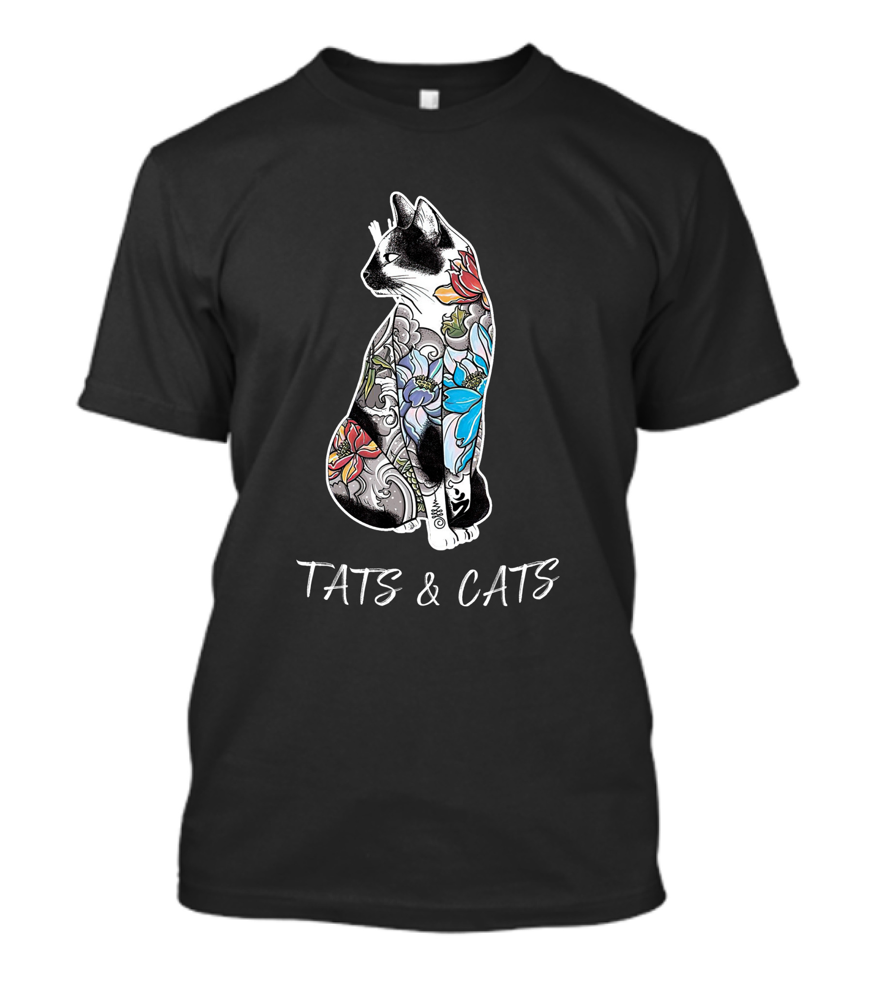 Colorful Tattooed Cat With Tats And Cats Text T-Shirt