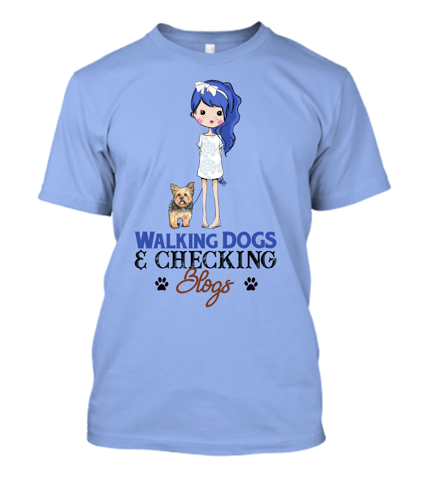 Yorkshire Girl Walking Dogs And Checking Blogs With Blue-Haired Cartoon Character T-Shirt