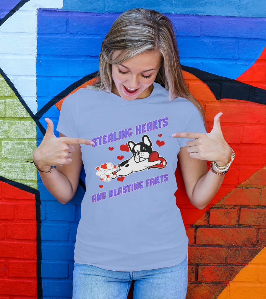 Bulldog Stealing Hearts And Blasting Farts With Hearts And Fart Clouds T-Shirt