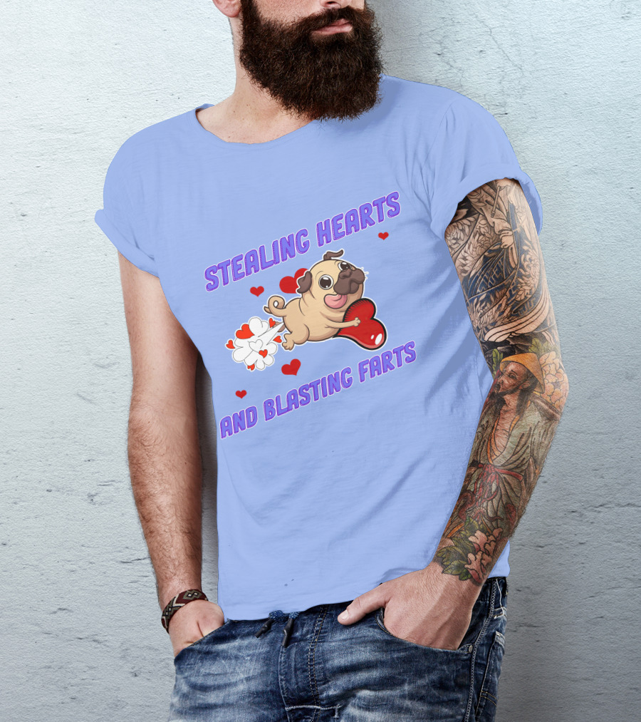 STEALING HEARTS AND BLASTING FARTS PUG WITH HEARTS AND CLOUDS T-Shirt