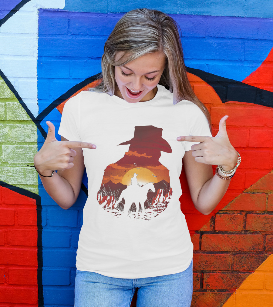 Vintage Western Sunset Cowboy Horse Riding Rodeo Mens Boy Hat T-Shirt