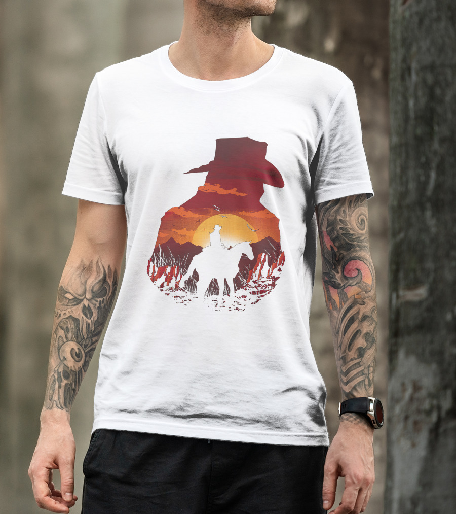 Vintage Western Sunset Cowboy Horse Riding Rodeo Mens Boy Hat T-Shirt