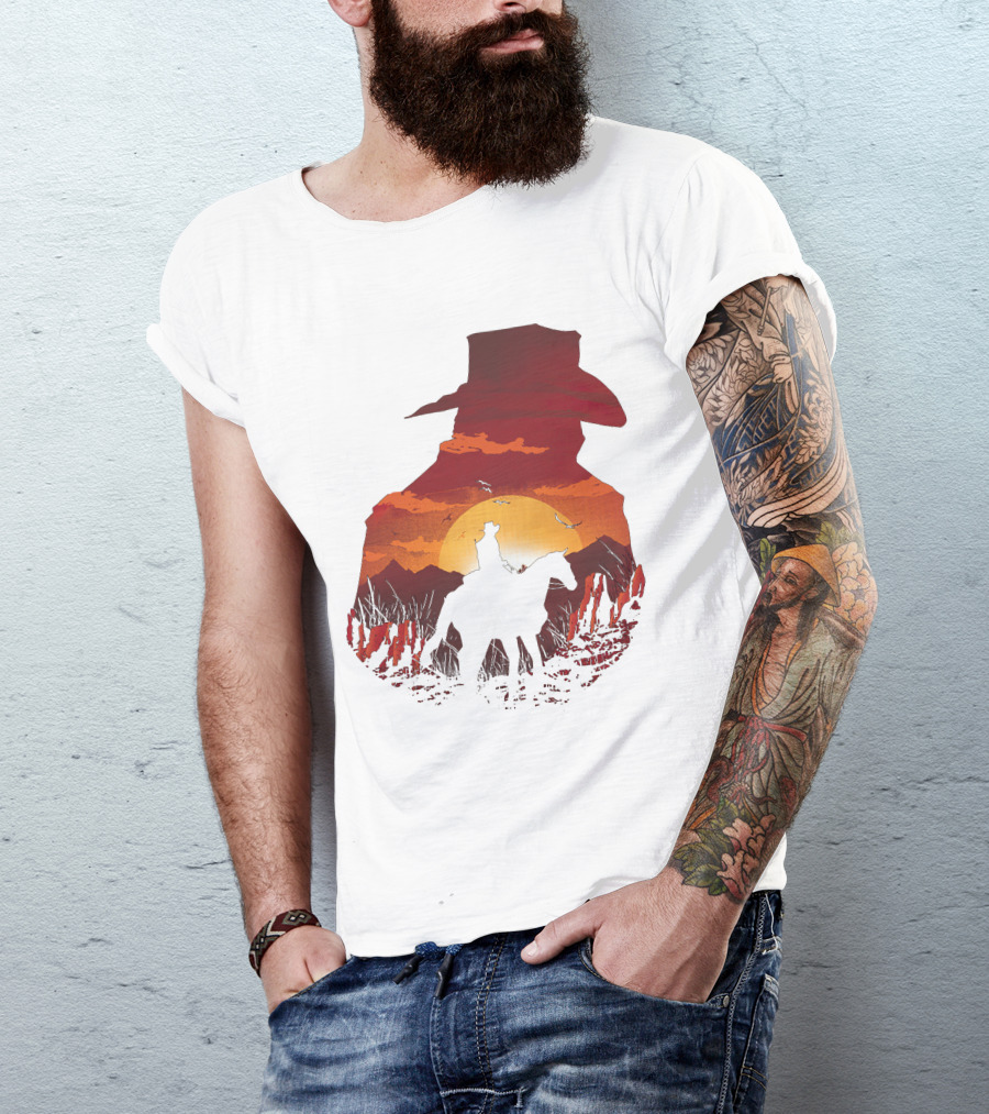 Vintage Western Sunset Cowboy Horse Riding Rodeo Mens Boy Hat T-Shirt