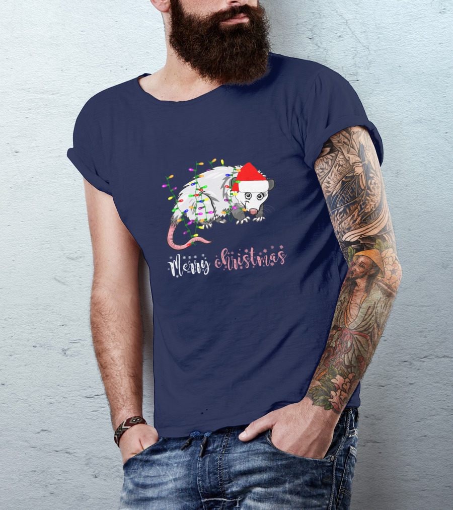 Merry Christmas Funny Opossum With Santa Hat And Lights For Opossum Lover T-Shirt