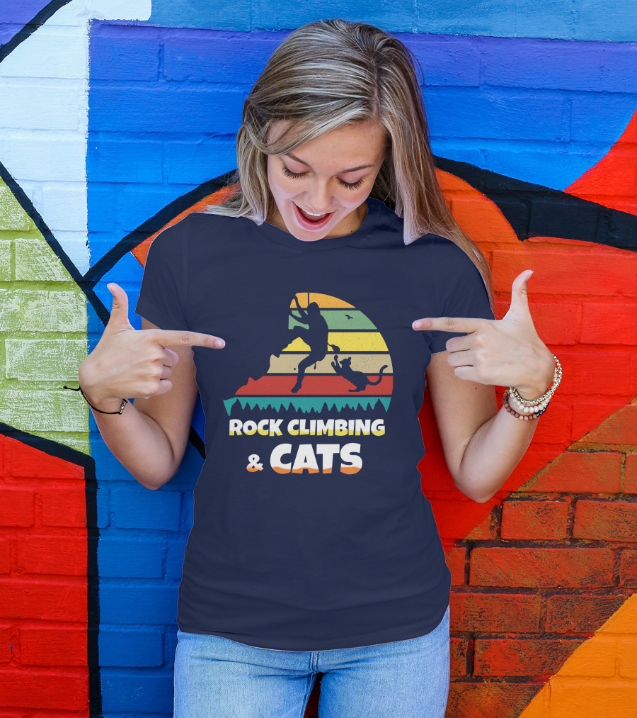 Rock Climbing And Cats Retro Stripes Adventure T-Shirt