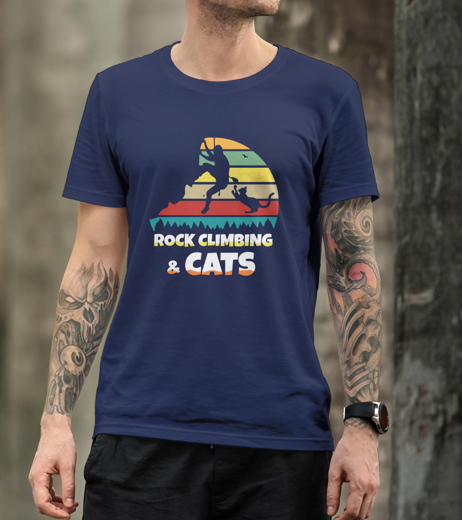 Rock Climbing And Cats Retro Stripes Adventure T-Shirt