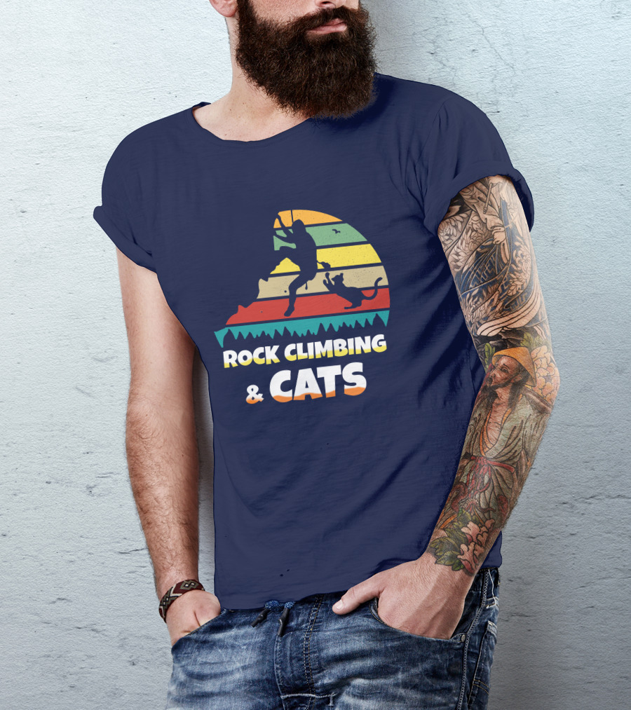 Rock Climbing And Cats Retro Stripes Adventure T-Shirt