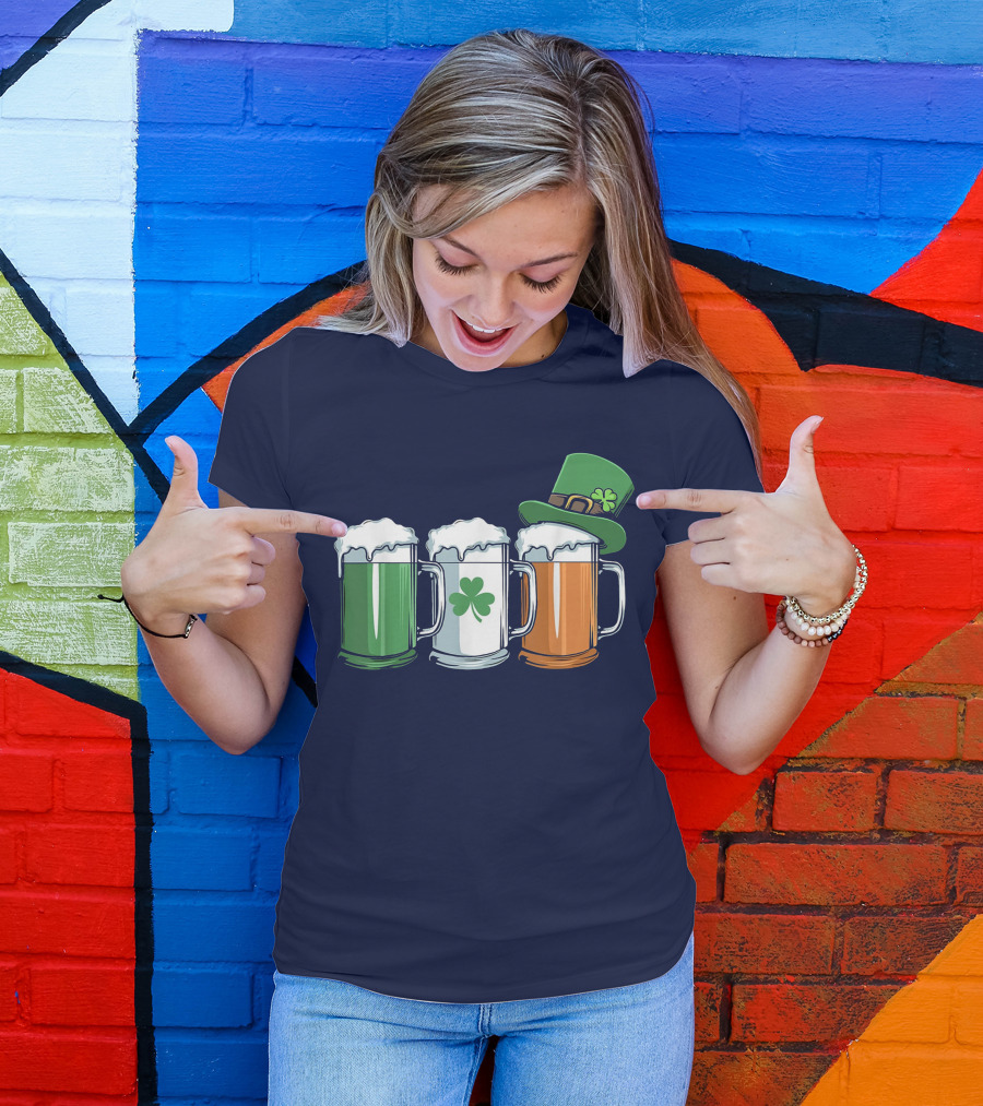 St Patricks Day Irish Flag Beer Mugs With Shamrock Clover And Green Hat T-Shirt