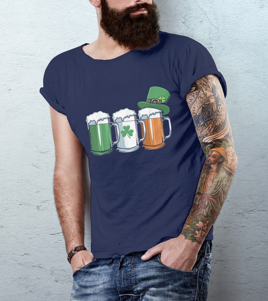 St Patricks Day Irish Flag Beer Mugs With Shamrock Clover And Green Hat T-Shirt