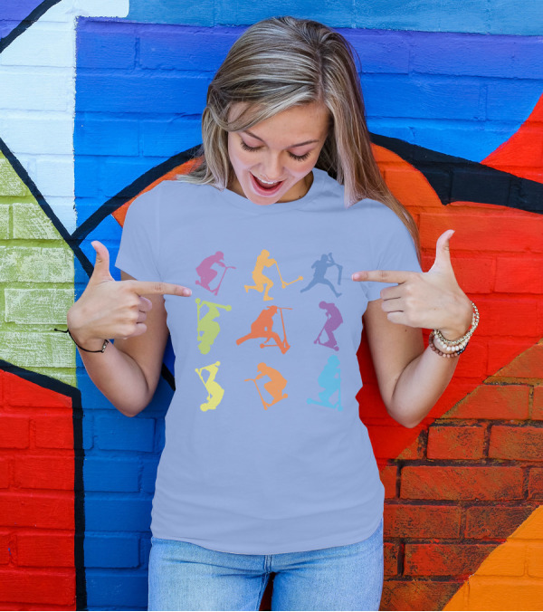 Stunt Scooter Tricks Multicolor Silhouettes In Action T-Shirt
