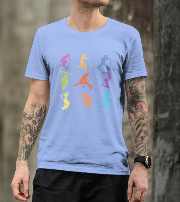 Stunt Scooter Tricks Multicolor Silhouettes In Action T-Shirt