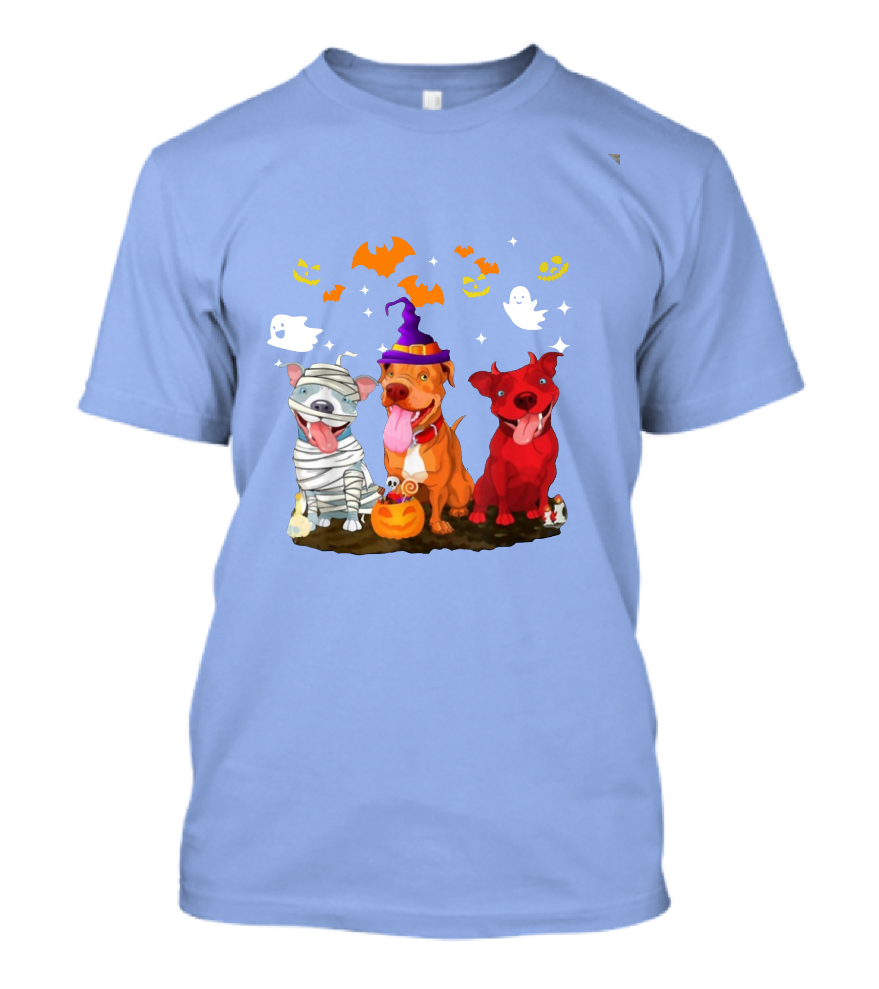 Funny Pitbull Halloween Mummy Witch Ghost Dogs With Pumpkins And Bats T-Shirt