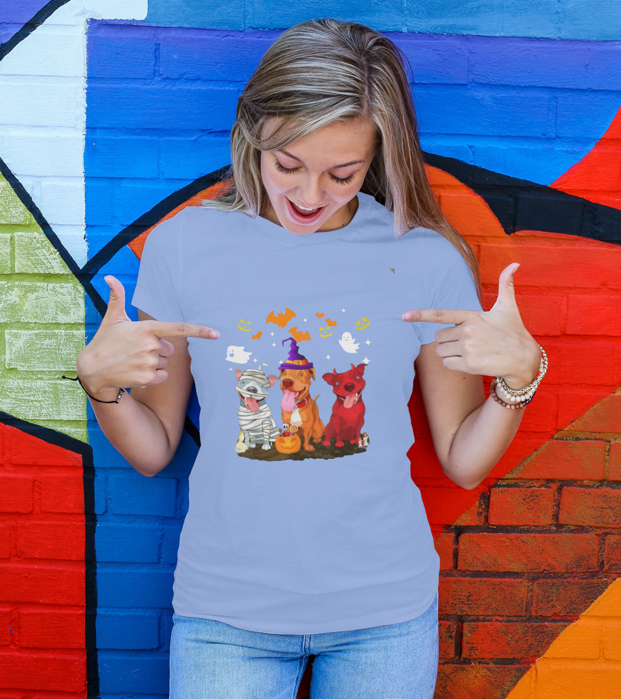 Funny Pitbull Halloween Mummy Witch Ghost Dogs With Pumpkins And Bats T-Shirt