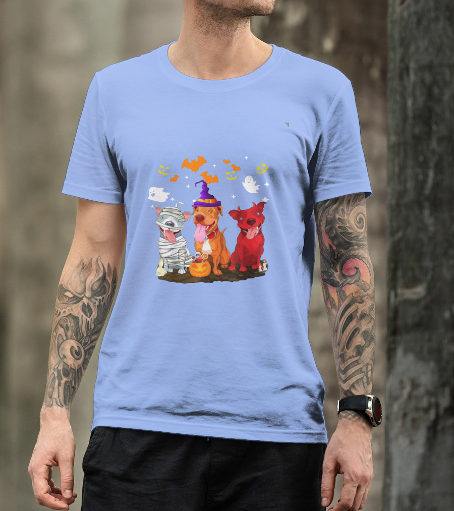 Funny Pitbull Halloween Mummy Witch Ghost Dogs With Pumpkins And Bats T-Shirt