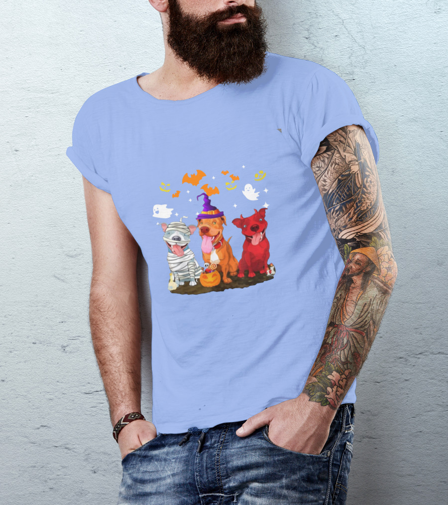 Funny Pitbull Halloween Mummy Witch Ghost Dogs With Pumpkins And Bats T-Shirt
