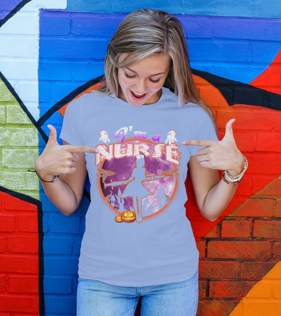 Nurse Halloween Moon Silhouette With Pumpkins And Medical Staff Symbols T-Shirt