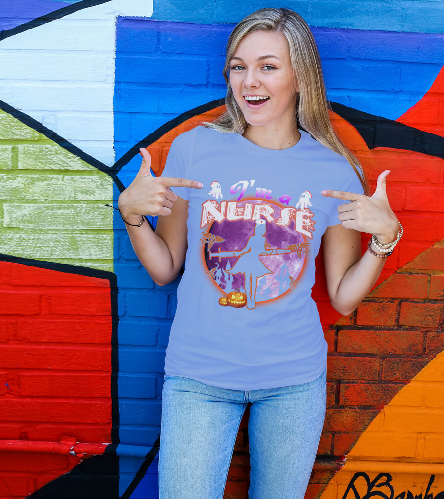 Nurse Halloween Moon Silhouette With Pumpkins And Medical Staff Symbols T-Shirt