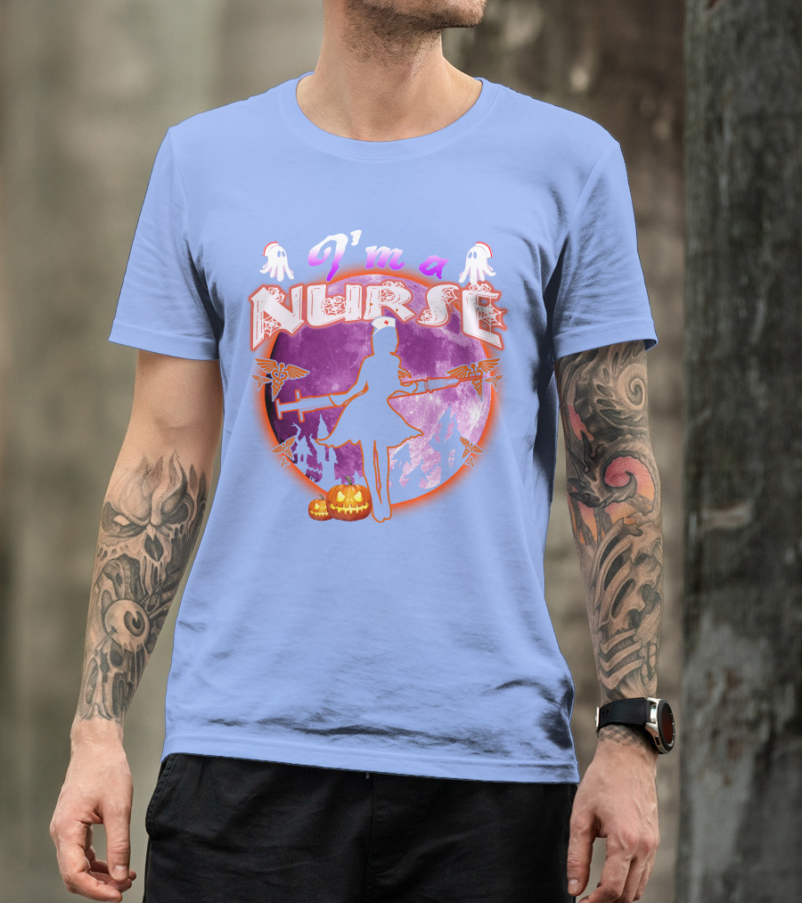Nurse Halloween Moon Silhouette With Pumpkins And Medical Staff Symbols T-Shirt