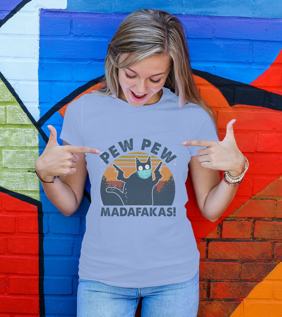 Pew Pew Madafakas Cat Mask Sunset Forest Scene T-Shirt