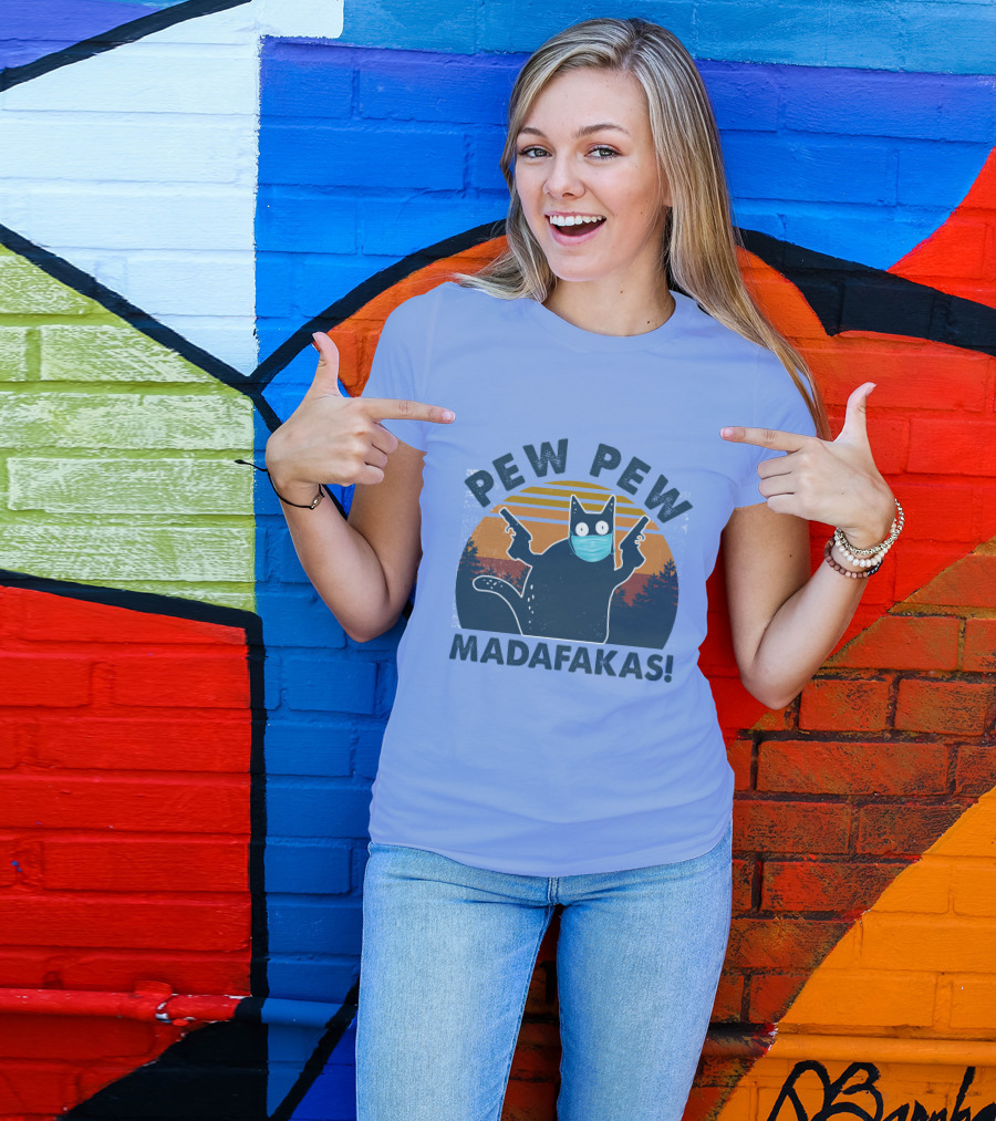 Pew Pew Madafakas Cat Mask Sunset Forest Scene T-Shirt