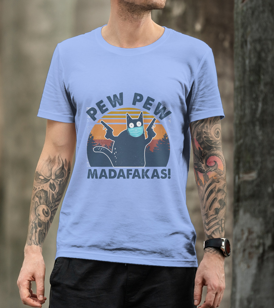Pew Pew Madafakas Cat Mask Sunset Forest Scene T-Shirt