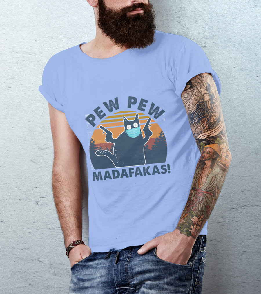 Pew Pew Madafakas Cat Mask Sunset Forest Scene T-Shirt