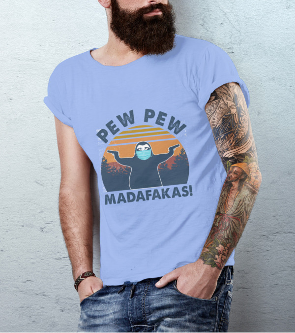 Pew Pew Madafakas Sloth Mask Forest Silhouette Sunset T-Shirt