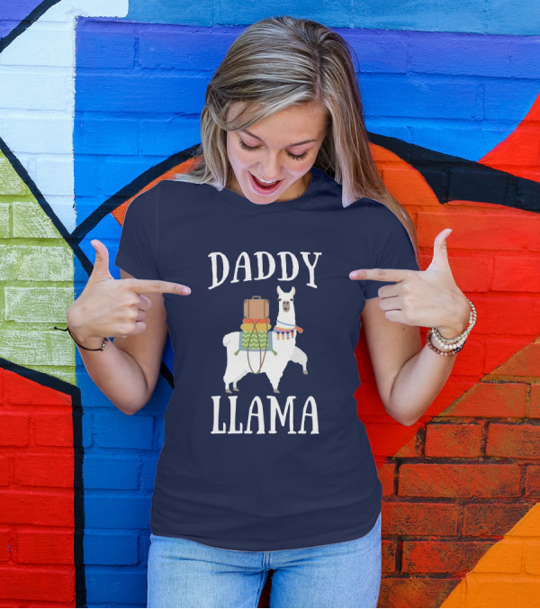 Daddy Llama White Llama Illustration With Colorful Saddle And Luggage T-Shirt