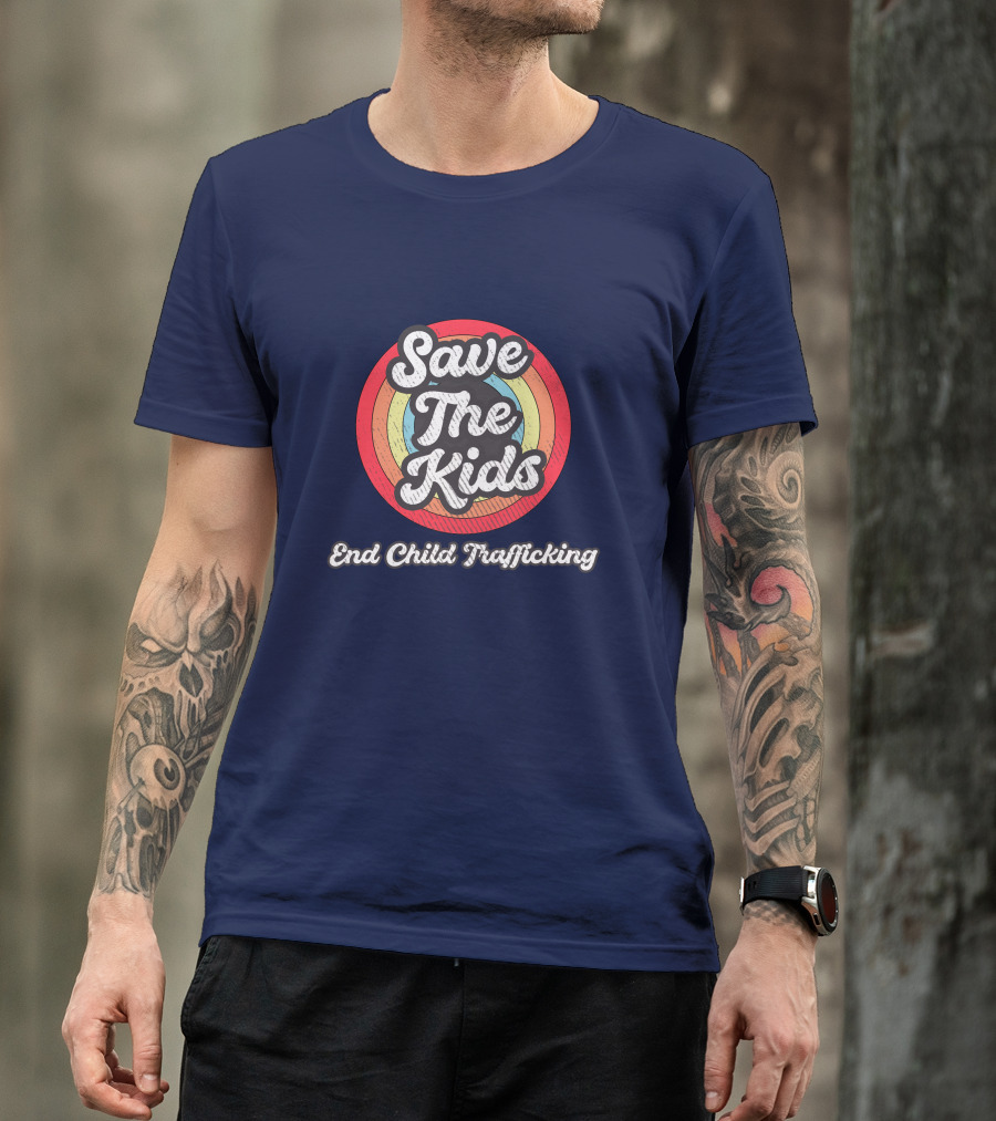 Save The Kids End Child Trafficking Retro Rainbow Circle T-Shirt