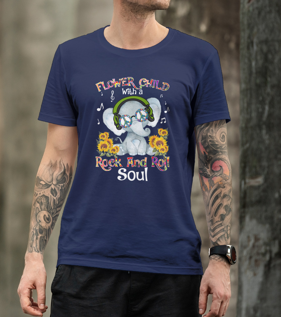 Flower Child Rock And Roll Soul Elephant With Headphones And Sunflowers T-Shirt